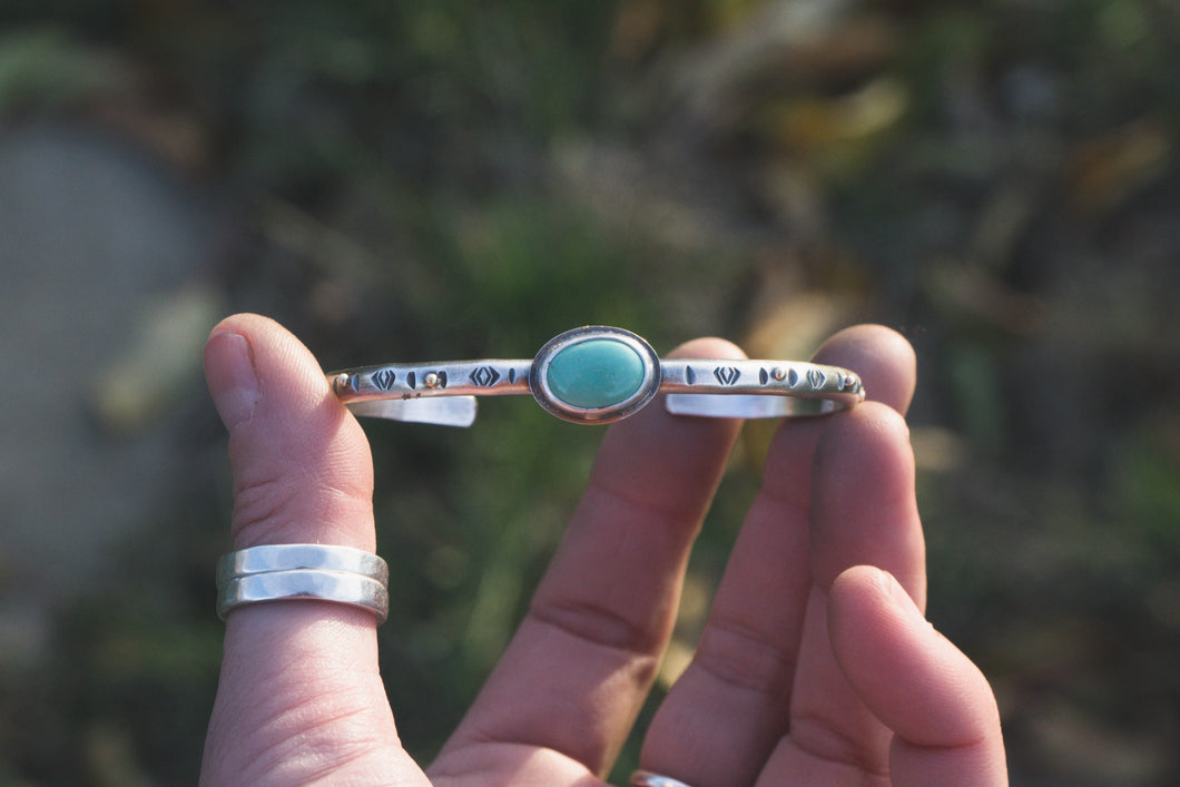 Stamped Turquoise + Sterling Silver + Brass Cuff #3