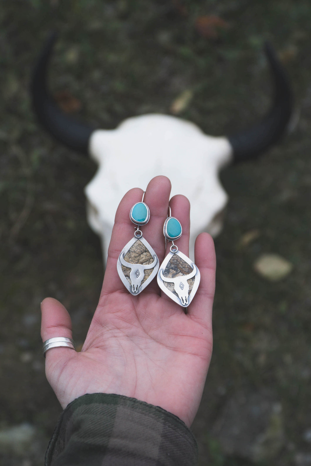 Reversible Bison Skull Earrings | Turquoise + Jasper + Sterling Silver