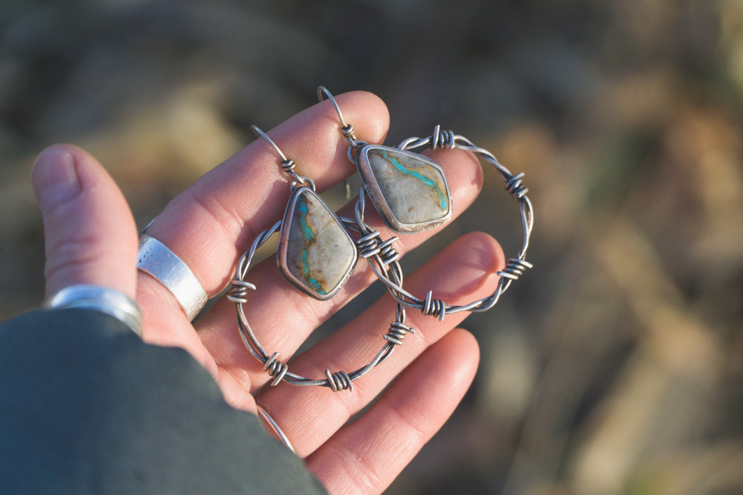 Turquoise barbed wire hoop earrings