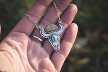 Load image into Gallery viewer, Bison Skull Pendant | Turquoise + Sterling + Brass | 20&quot; chain
