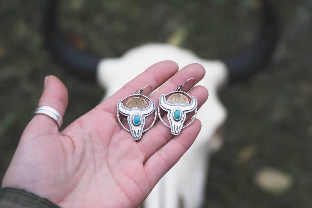 Bison Skull Earrings | Sonoran Gold Turquoise + Sterling Silver + Brass