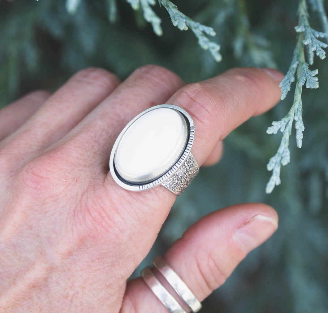 White Buffalo + Sterling Silver Statement Ring | Size 8.5