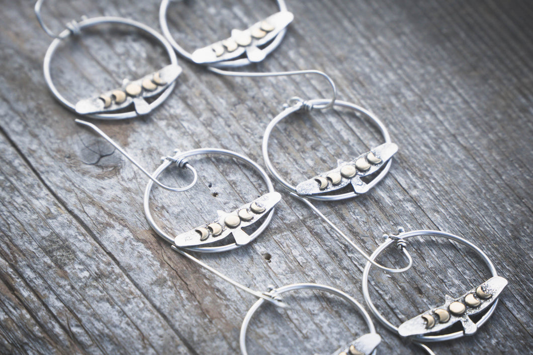 Hawk Moon Phase Hoop Earrings | Sterling Silver + Brass