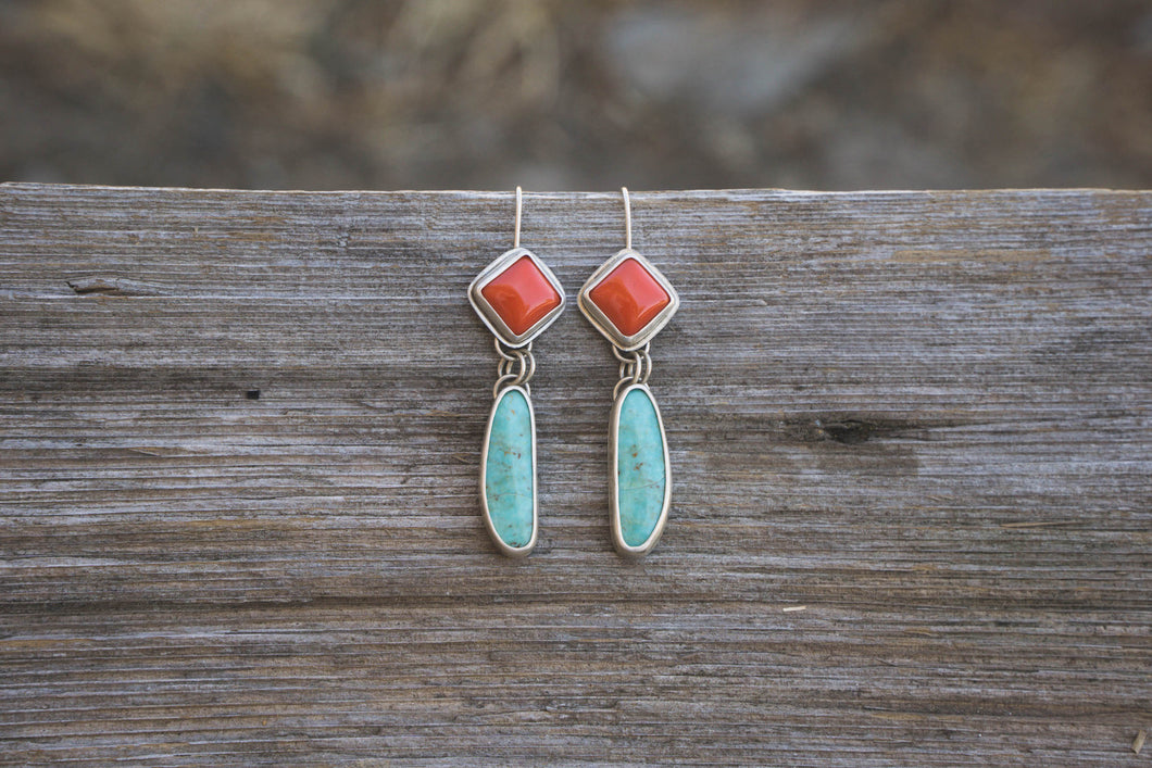 Two Stone Dangling Earrings #2 | Rosarita + Kingman Turquoise + Sterling Silver