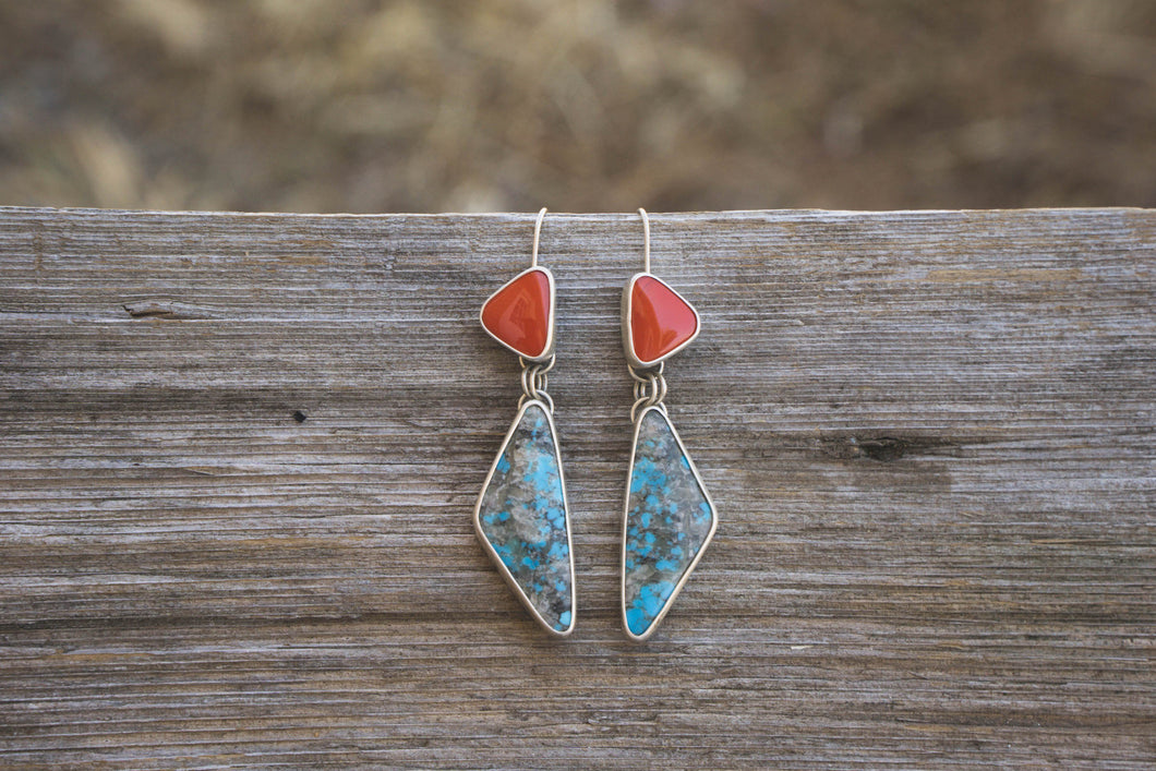 Two Stone Dangling Earrings #1 | Rosarita + Kingman Turquoise + Sterling Silver