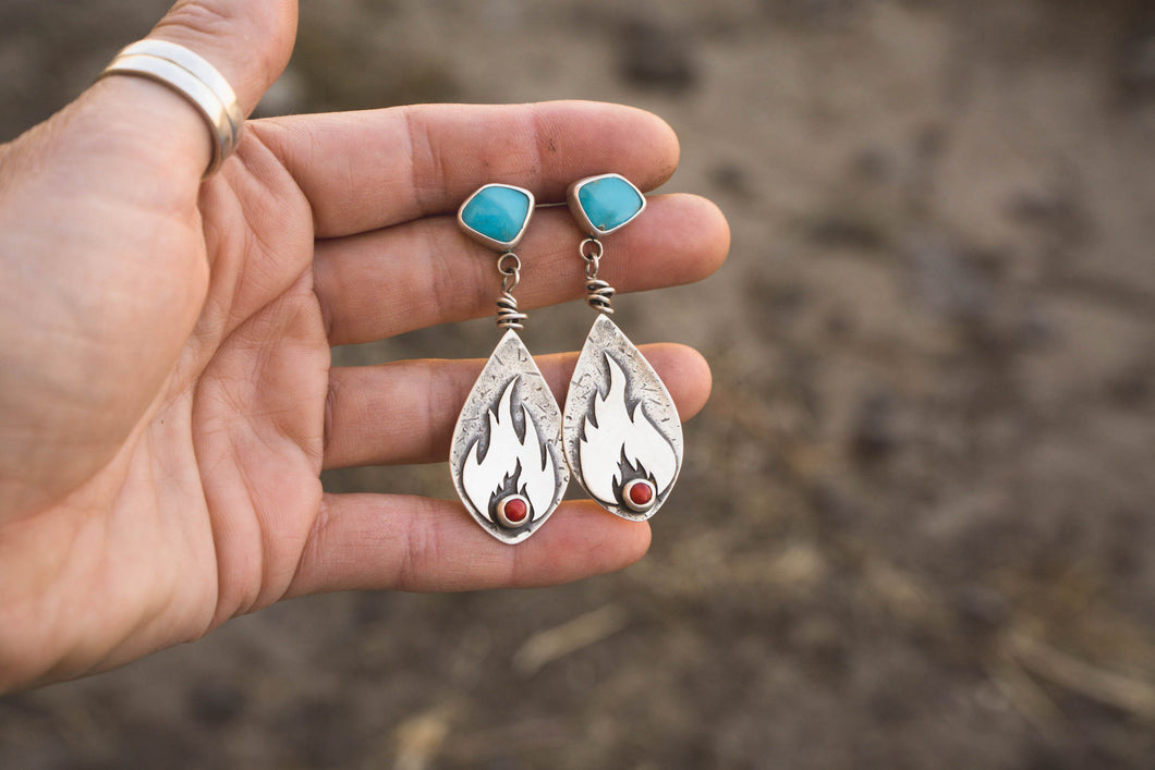 Praying for Rain Earrings #4 | Kingman Turquoise + Bamboo Coral + Sterling Silver