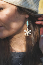 Load image into Gallery viewer, Kingman Turquoise + Brass and Sterling Silver Snowflake Earrings #1
