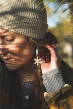 Load image into Gallery viewer, Kingman Turquoise + Brass and Sterling Silver Snowflake Earrings #1
