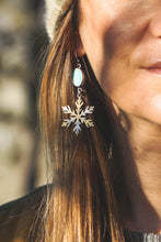 Load image into Gallery viewer, Kingman Turquoise + Brass and Sterling Silver Snowflake Earrings #2
