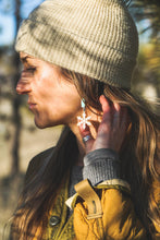 Load image into Gallery viewer, Kingman Turquoise + Brass and Sterling Silver Snowflake Earrings #2
