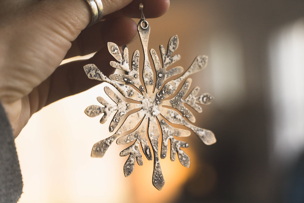 Rustic Brass + Sterling Silver Snowflake Wall or Window Ornament