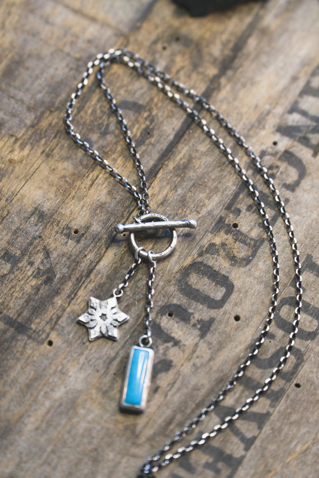 Snowflake and Kingman turquoise toggle necklace