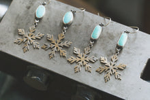 Load image into Gallery viewer, Kingman Turquoise + Brass and Sterling Silver Snowflake Earrings #1
