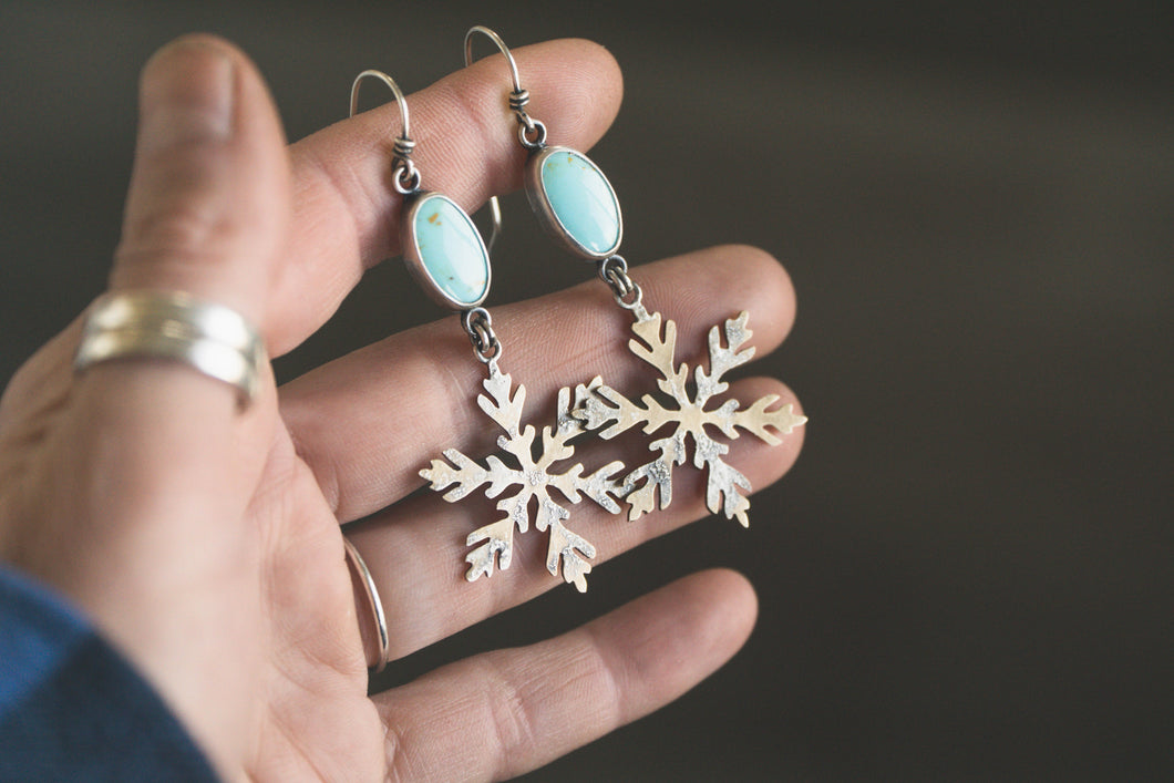 Kingman Turquoise + Brass and Sterling Silver Snowflake Earrings #2