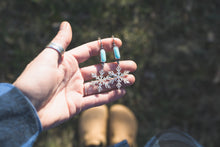 Load image into Gallery viewer, Kingman Turquoise + Brass and Sterling Silver Snowflake Earrings #1
