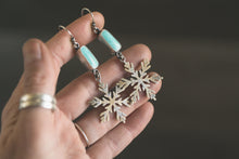 Load image into Gallery viewer, Kingman Turquoise + Brass and Sterling Silver Snowflake Earrings #1
