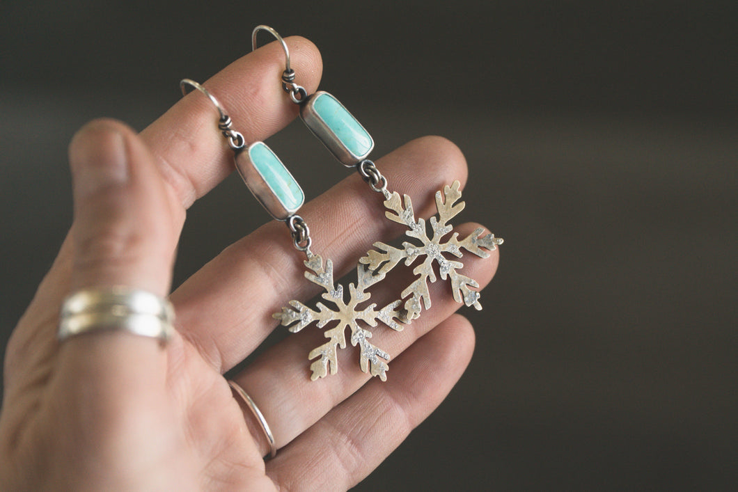 Kingman Turquoise + Brass and Sterling Silver Snowflake Earrings #1