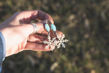 Load image into Gallery viewer, Kingman Turquoise + Brass and Sterling Silver Snowflake Earrings #2
