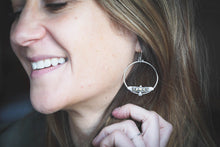 Load image into Gallery viewer, Hawk + Moon Phase Hoop Earrings | Sterling Silver + Brass | Made to Order
