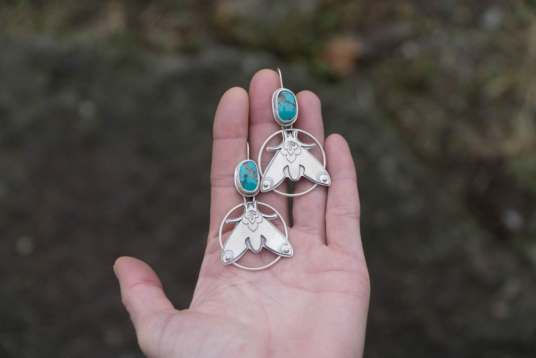 Cloud Mountain Turquoise + Sterling Silver / Moth Dangle Earrings